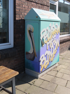 912565 Afbeelding van een in 2024 door Cika Annemae beschilderd elektriciteitskastje met de titel 'Pelikaan met ...